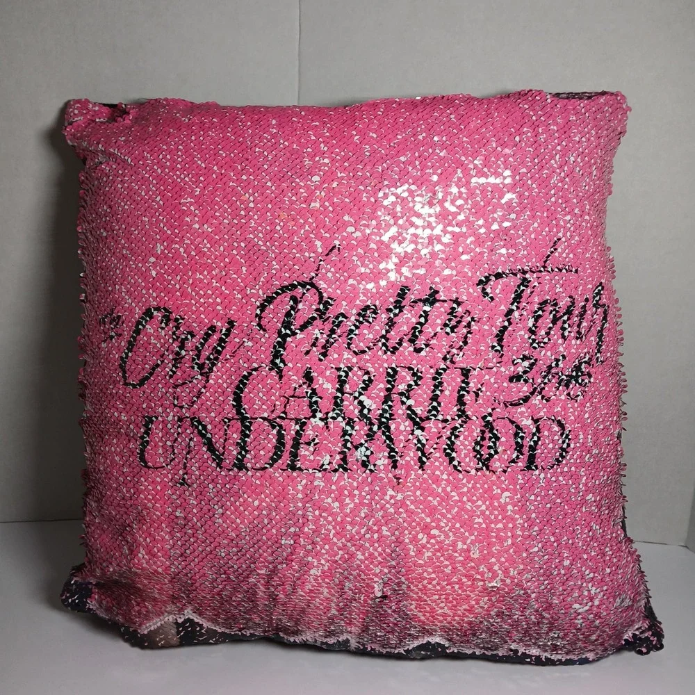 Carrie Underwood Sequin Throw Pillow Reversible‎ Flip Image to Pink Text